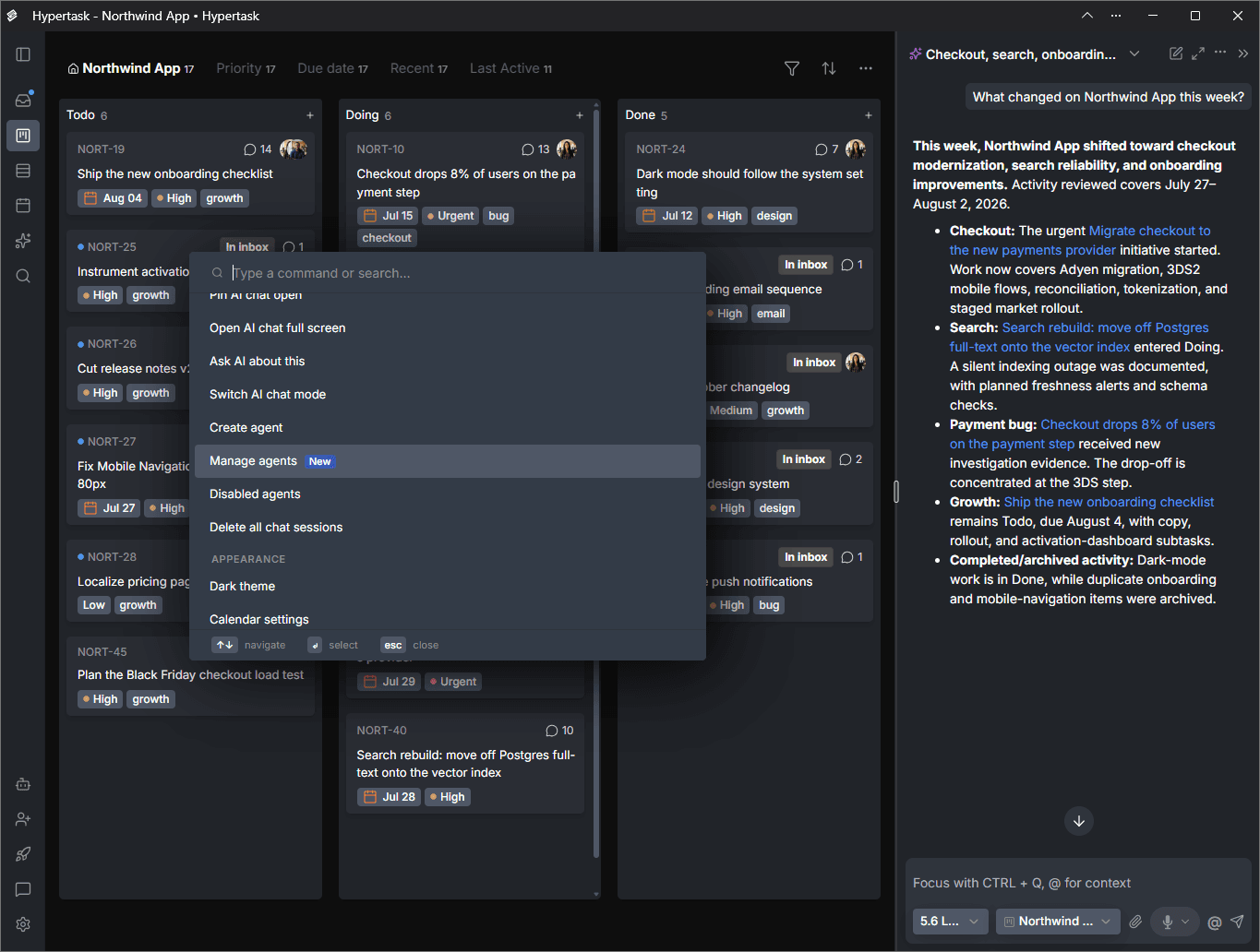 Hypertask board with command palette and AI chat, dark theme