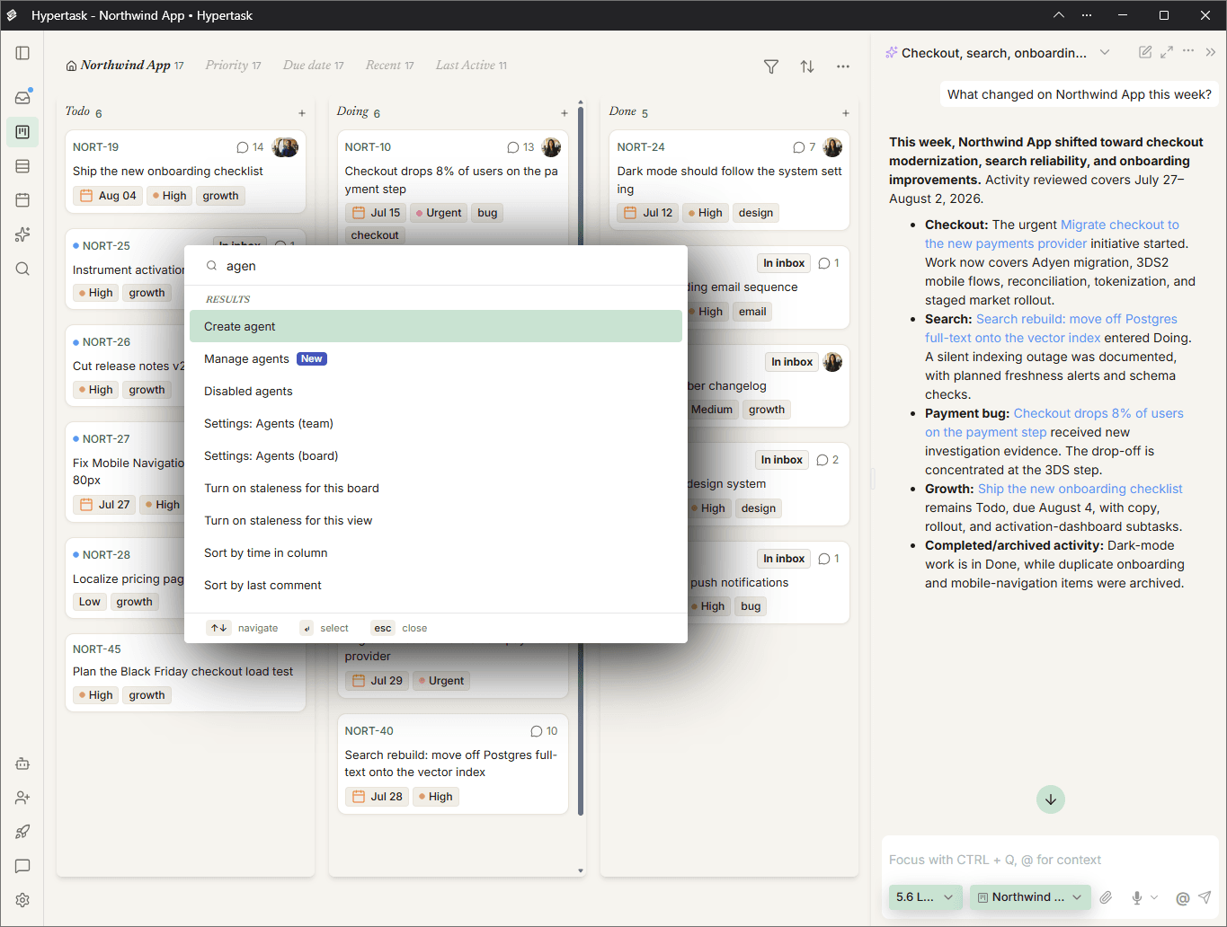 Hypertask board with command palette and AI chat, light theme
